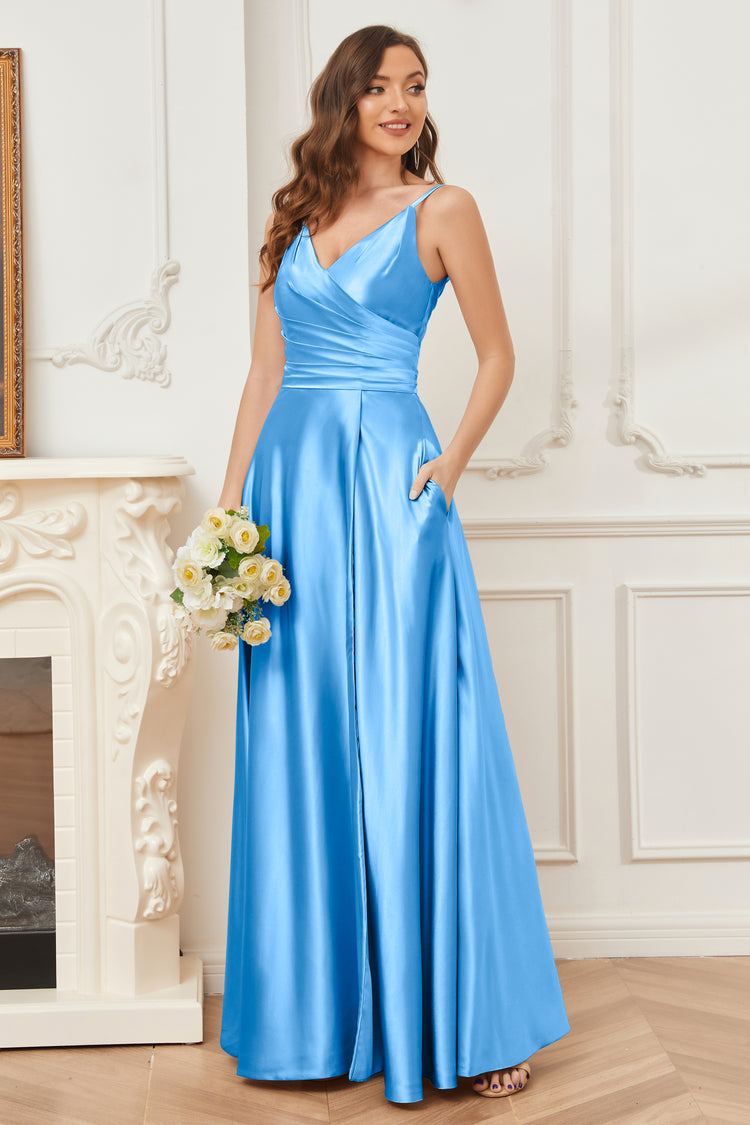 Pretty V Neck Blue A Line Long Wedding Guest Dress Bridesmaid Dress main image 0