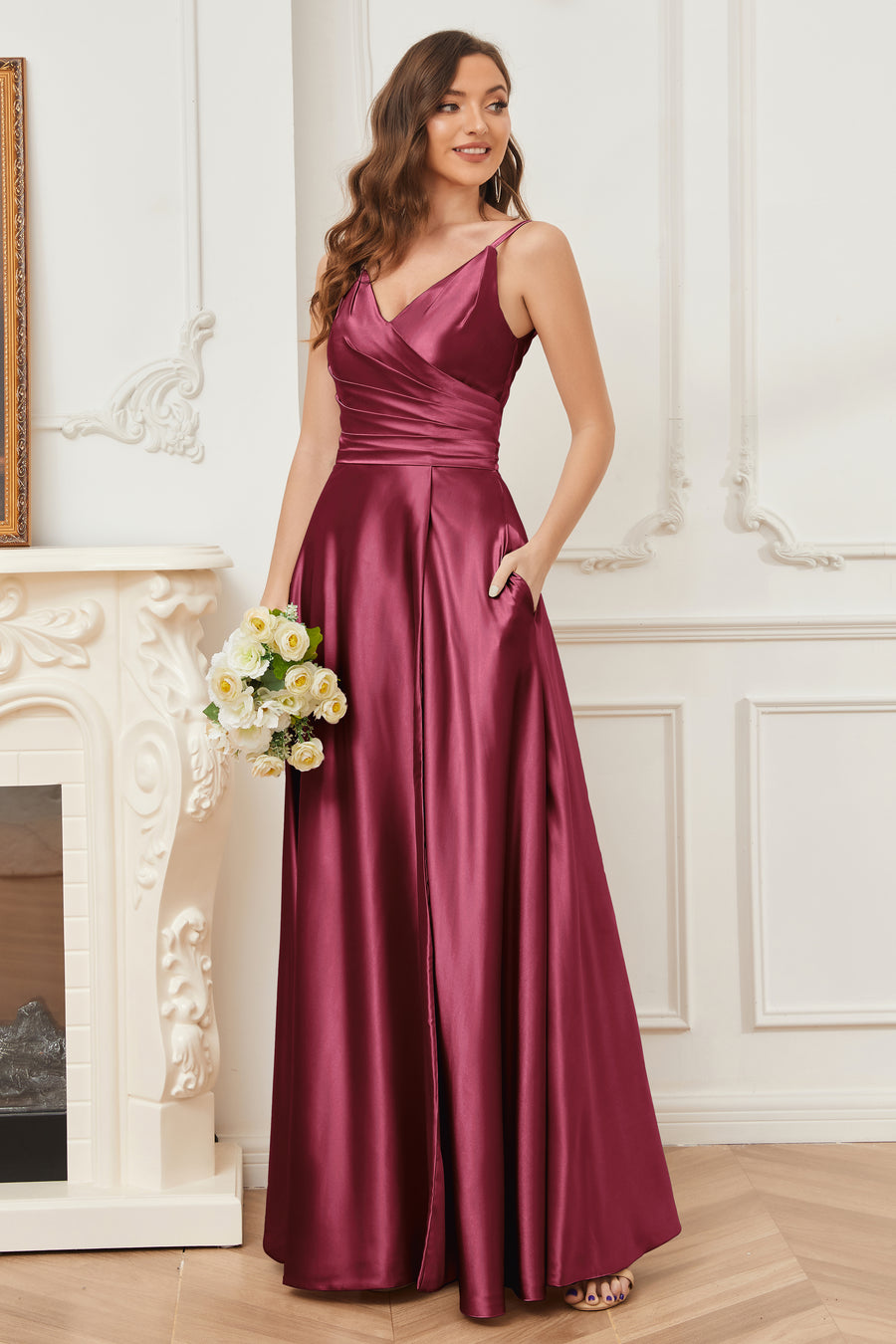 A-line V-neck satin sloping corset back zipper bridesmaid dress