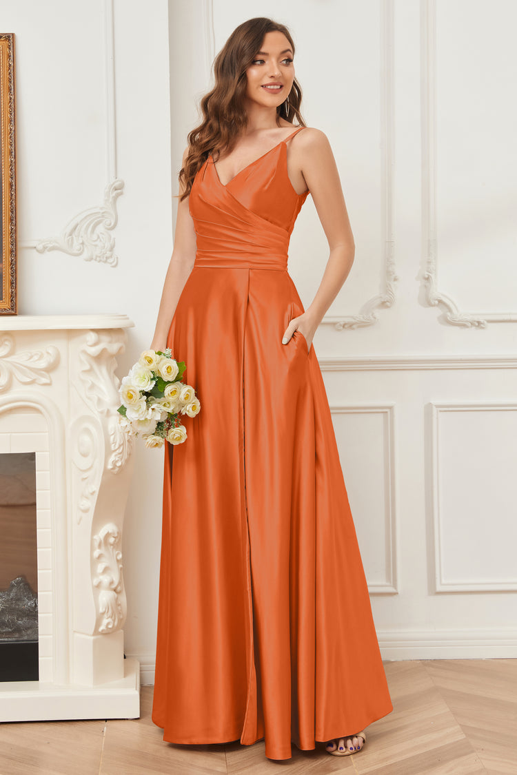 Pink A Line V-Neck Backless Satin Long Bridesmaid Dress with Slit