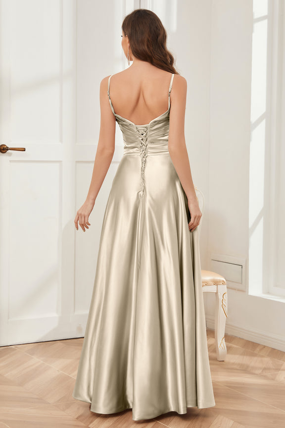 Sexy V-Neck Soft Satin Formal A-Line Long Bridesmaid Dresses Online