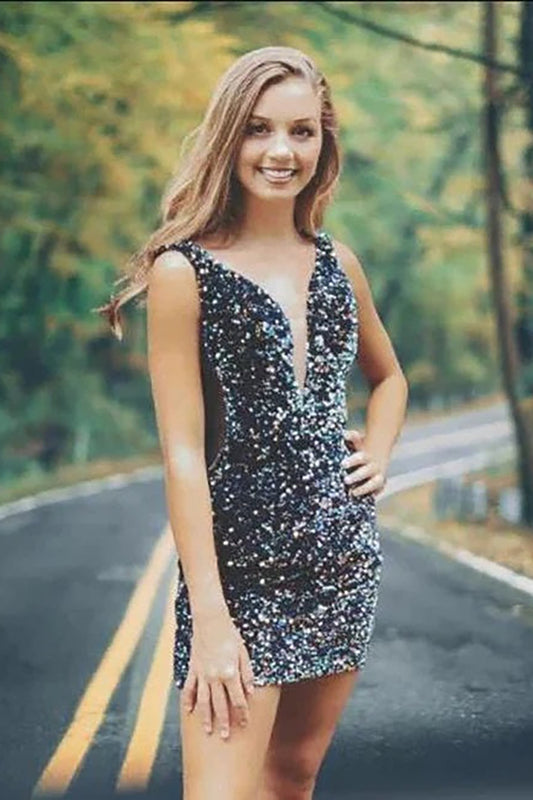 Sparkly V Neck Bodycon Sequins Short Homecoming Dresses