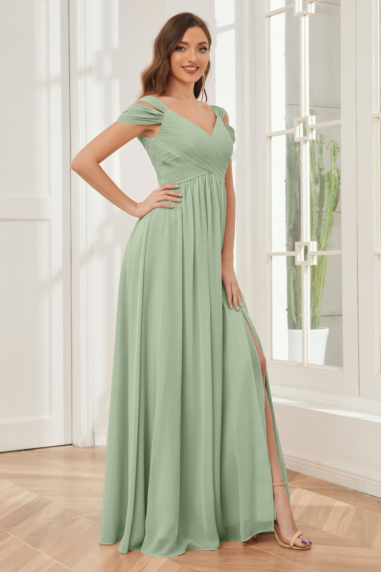 Off the Shoulder Sage Bridesmaid Dress with Slit main image 0