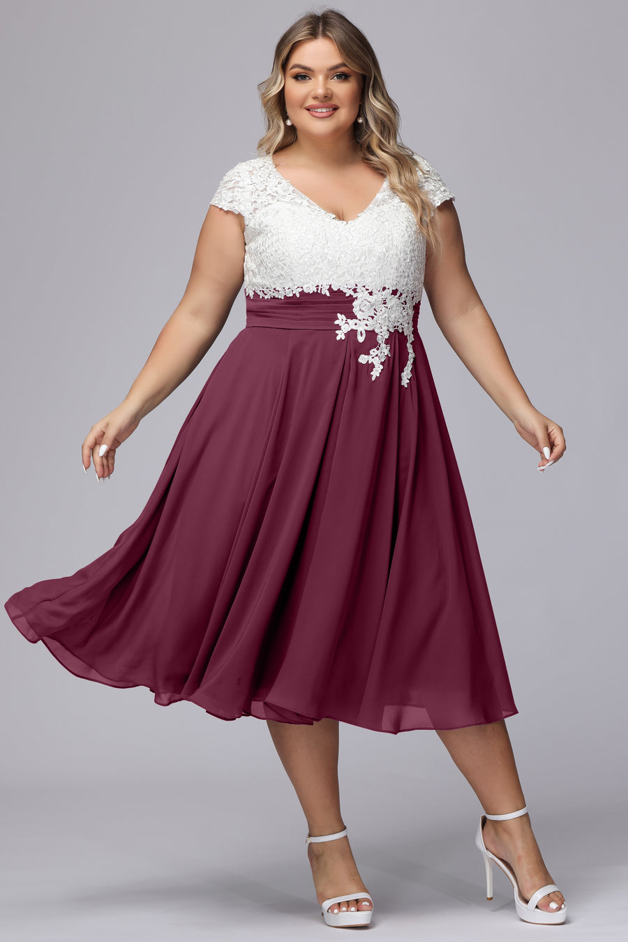 Chiffon Long Dress with Lace Bodice Tangerine Plus Size