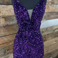 Sparkly Purple V Neck Spaghetti Straps Sequins Short Homecoming Dresses