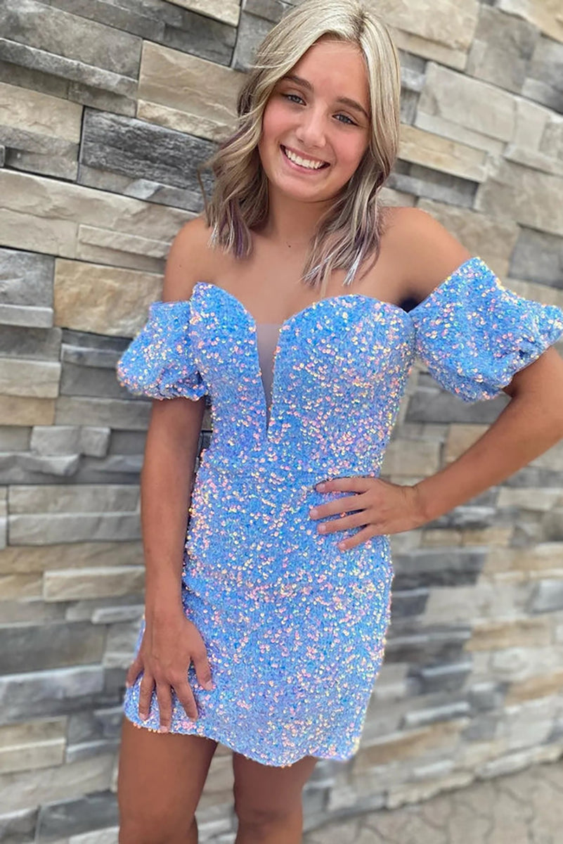 Sparkly Blue Off The Shoulder Sequins Short Homecoming Dresses Blue