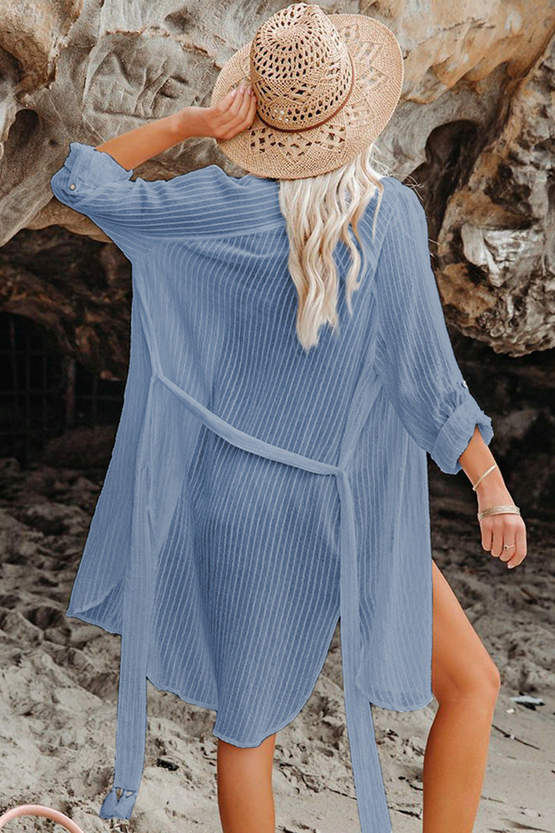 OmbreSwim - Black Solid Color Tie Sun-proof Belt Sexy V Neck Cover Up