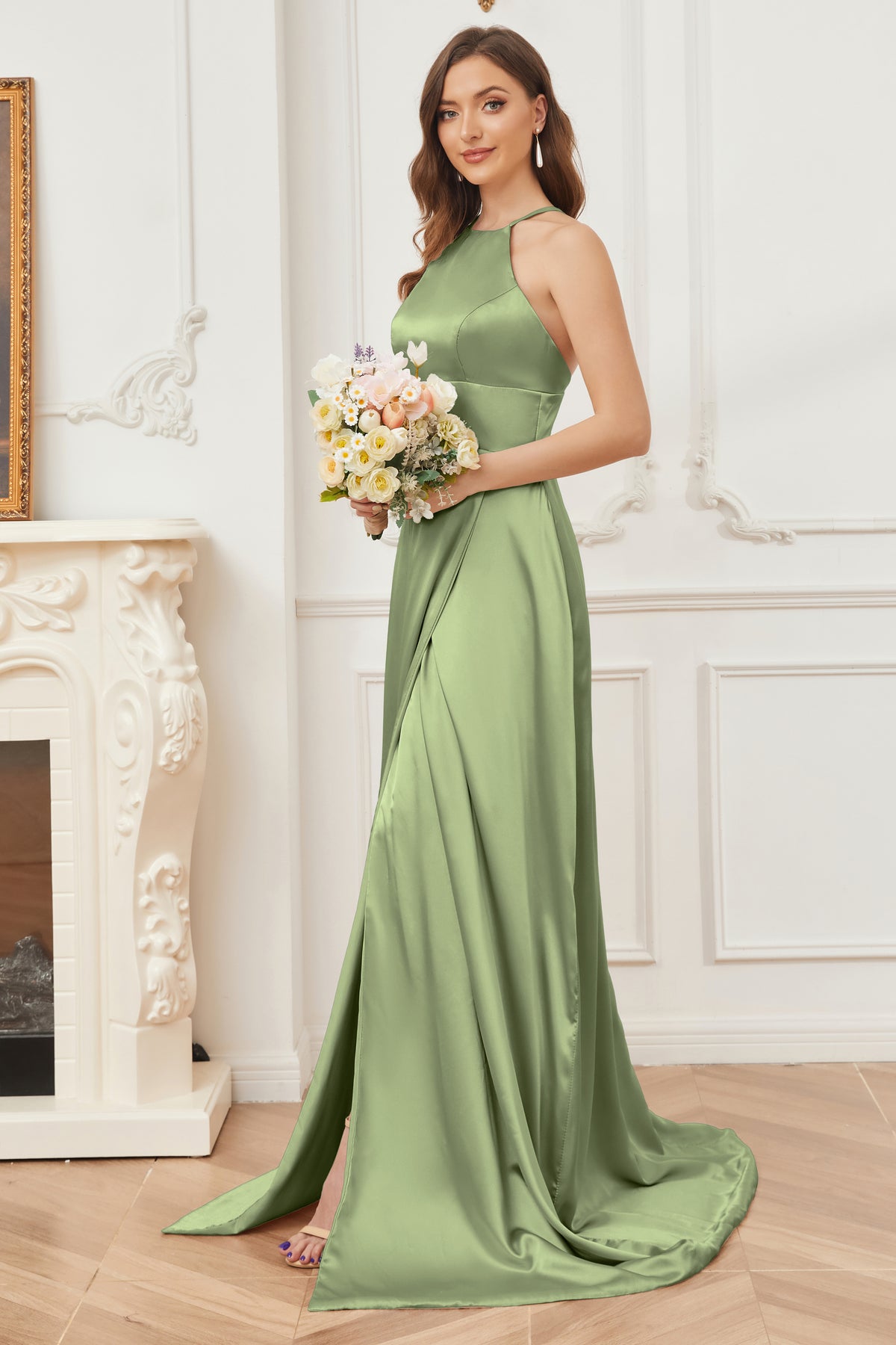Column Halter Soft Satin Bridesmaid Dress with Pockets — free download