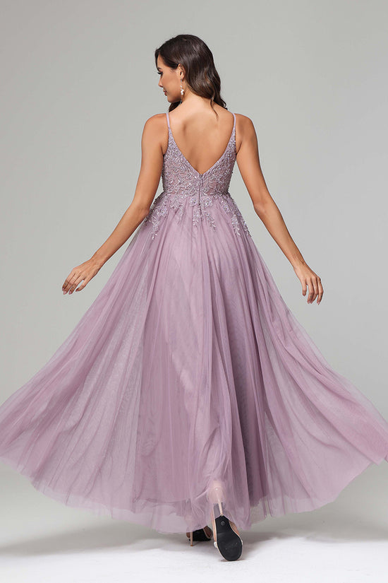 Plus Size V-Neck A-line Lace Appliques Prom Gown JTE499
