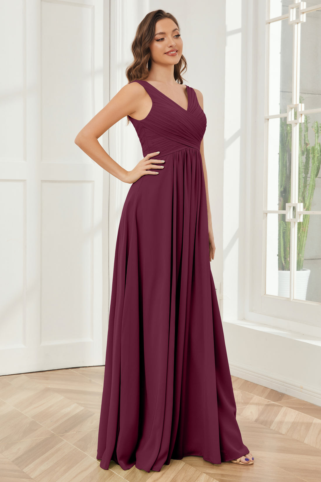 A-Line V Neck Floor Length Chiffon Flower Girl Dress with Criss Cross Ruched Natural