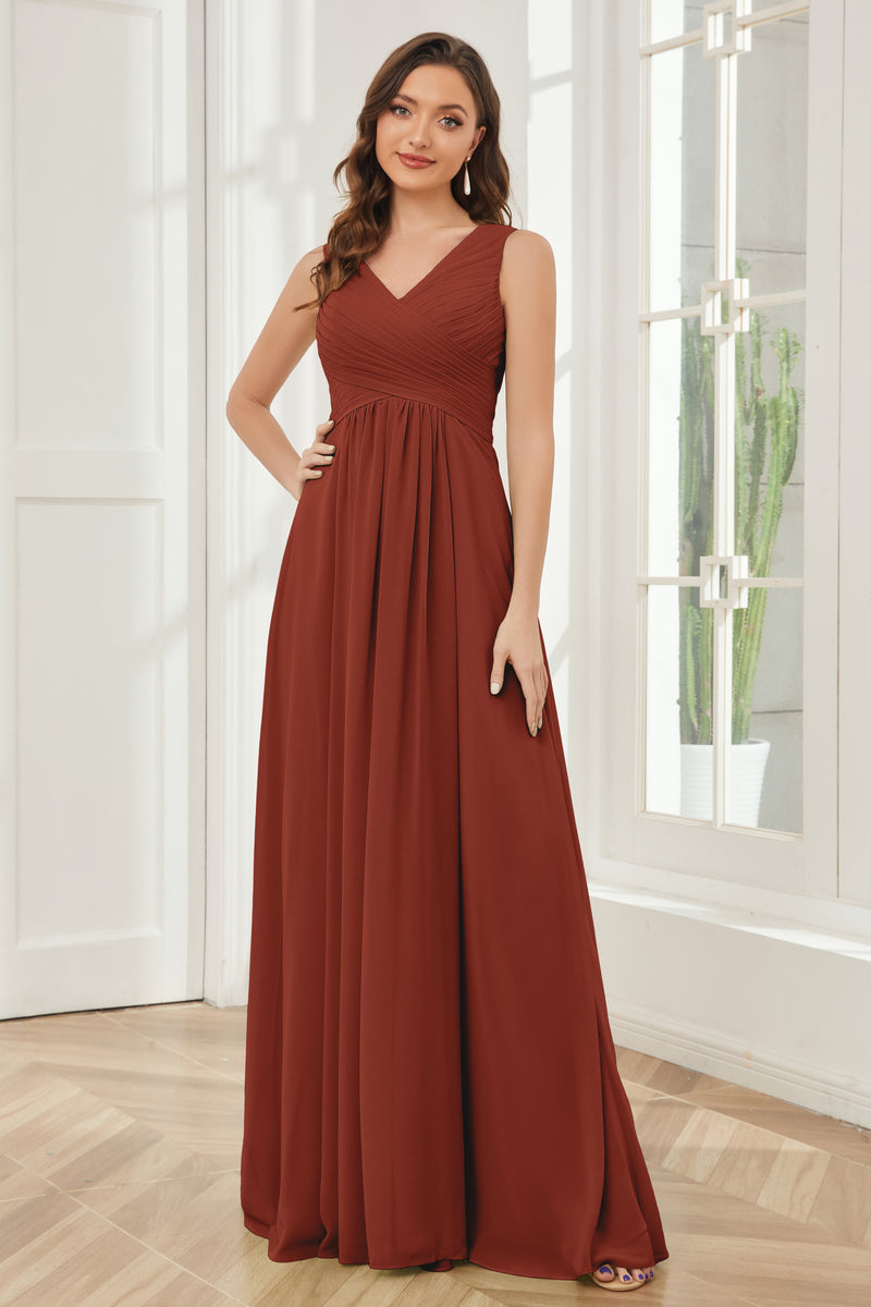 A-Line/Princess V-Neck Sleeveless Floor-Length Chiffon Bridesmaid Dresses with Ruffles & Split Side