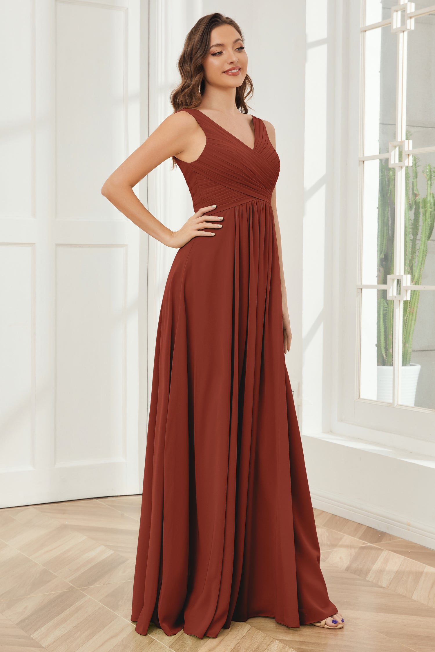 A Line Floor Length V Neck Sleeveless Chiffon Bridesmaid Dress UQ2509 main image 1