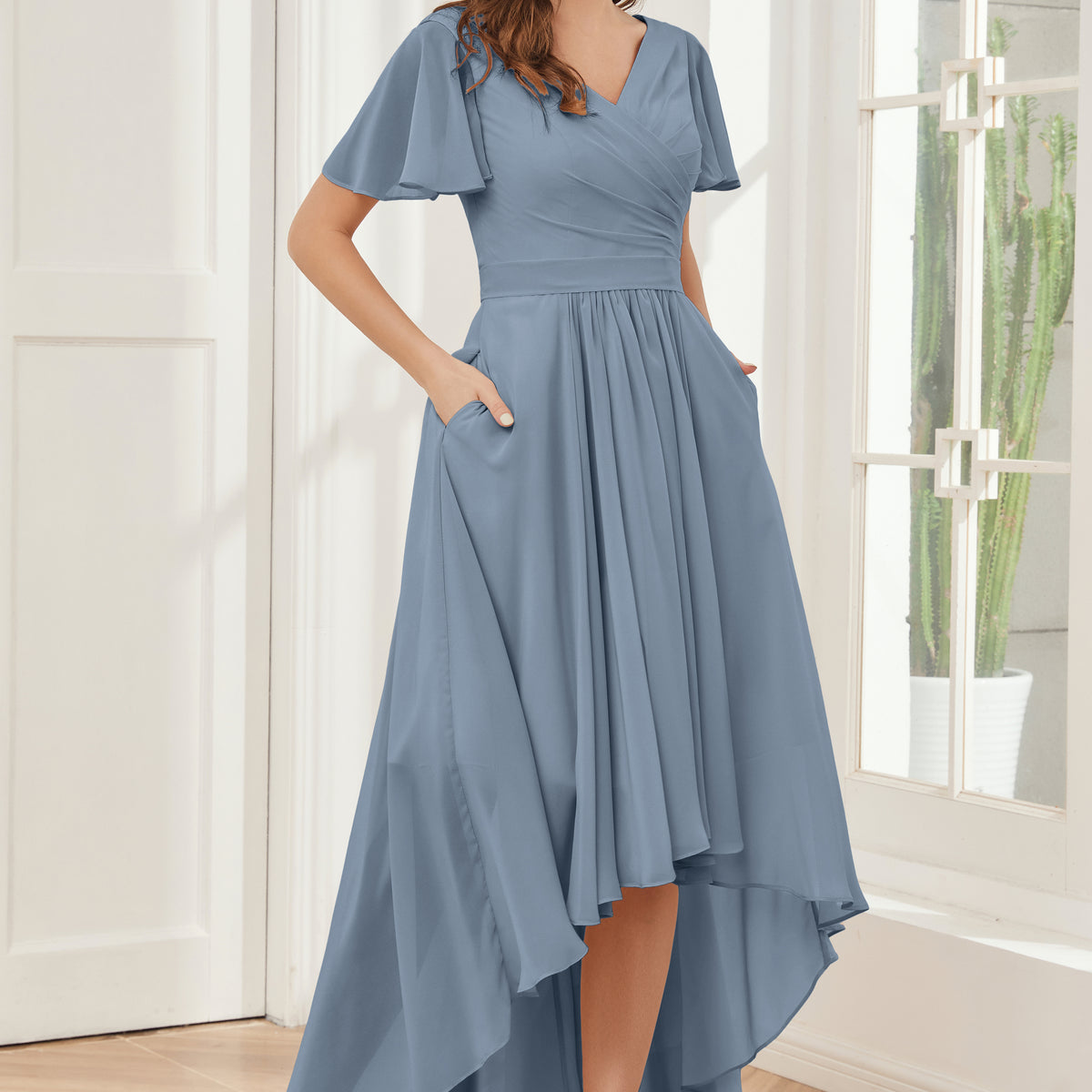 A-line Short Sleeves High Low Chiffon Bridesmaid Dresses A-line Short Sleeves High Low Chiffon Bridesmaid Dresses