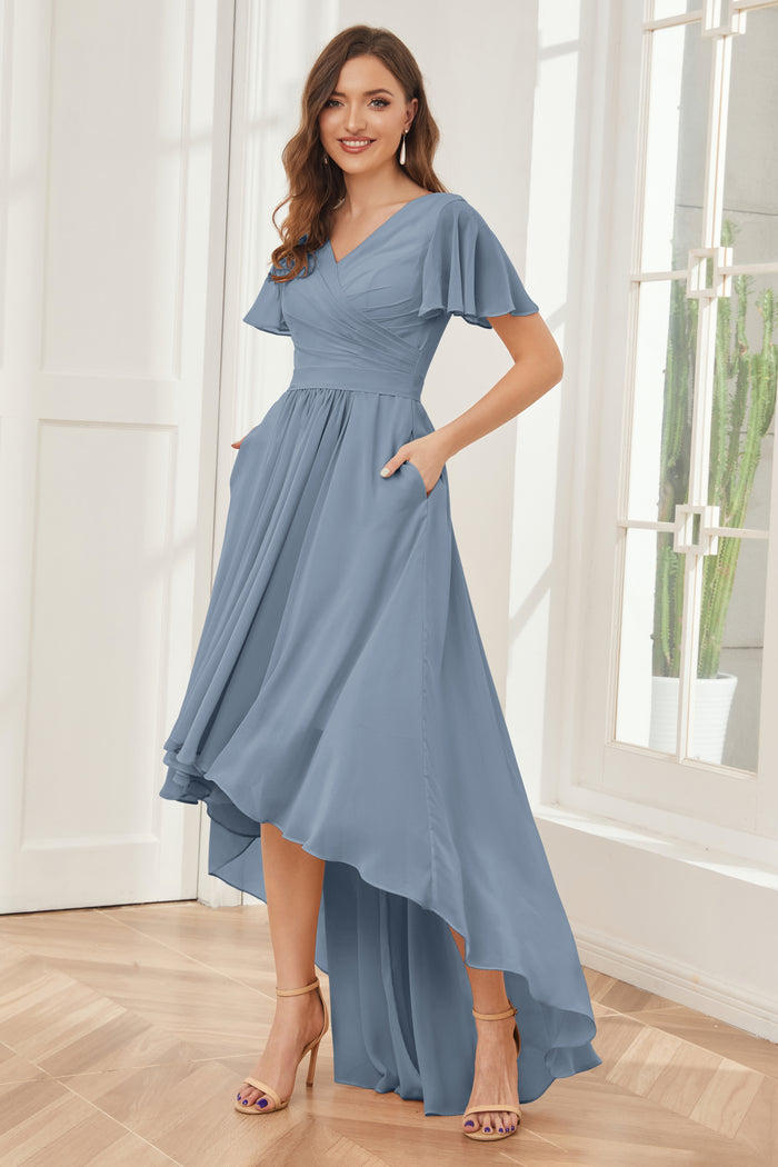 Evangeline High Low Short Sleeves Chiffon Bridesmaid Dress