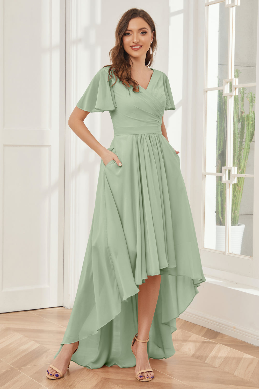 A-line Chiffon V-Neck High-Low Short Beach Bridesmaid Dresses