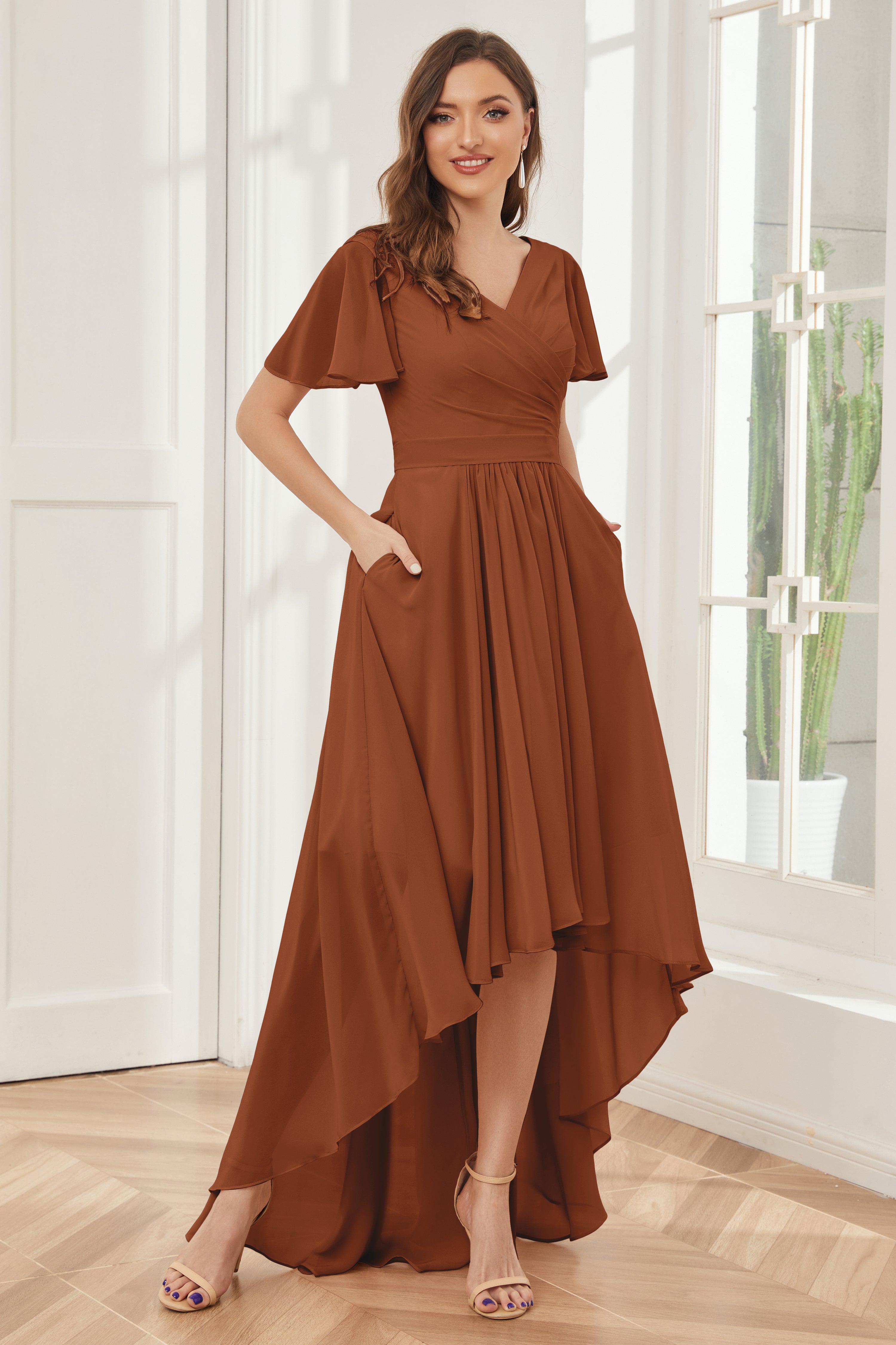 Bridesmaid Dresses With Short Sleeves V-Neck Elegant Pleats Short Sleeves Long Chiffon Bridesmaid Bridesmaid Dresses With Short Sleeves V-Neck Elegant Pleats Short Sleeves Long Chiffon Bridesmaid