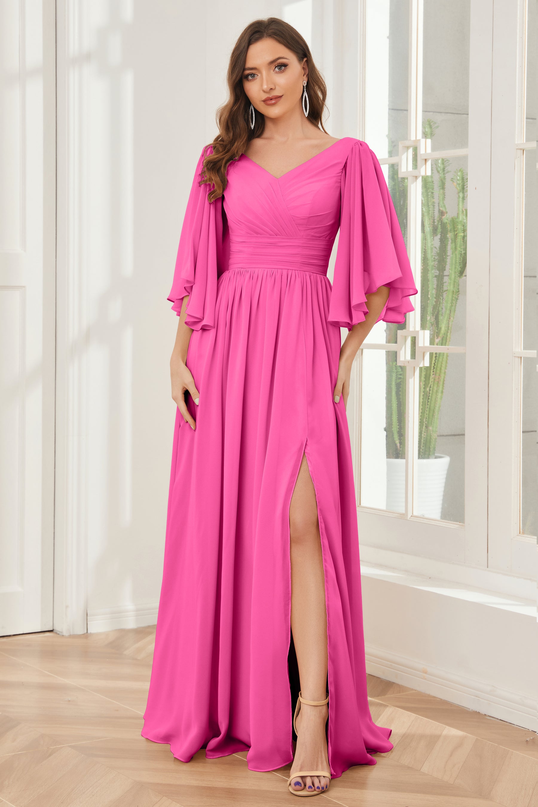 Square Neck Gown with Half Sleeves and Slit Azalea
