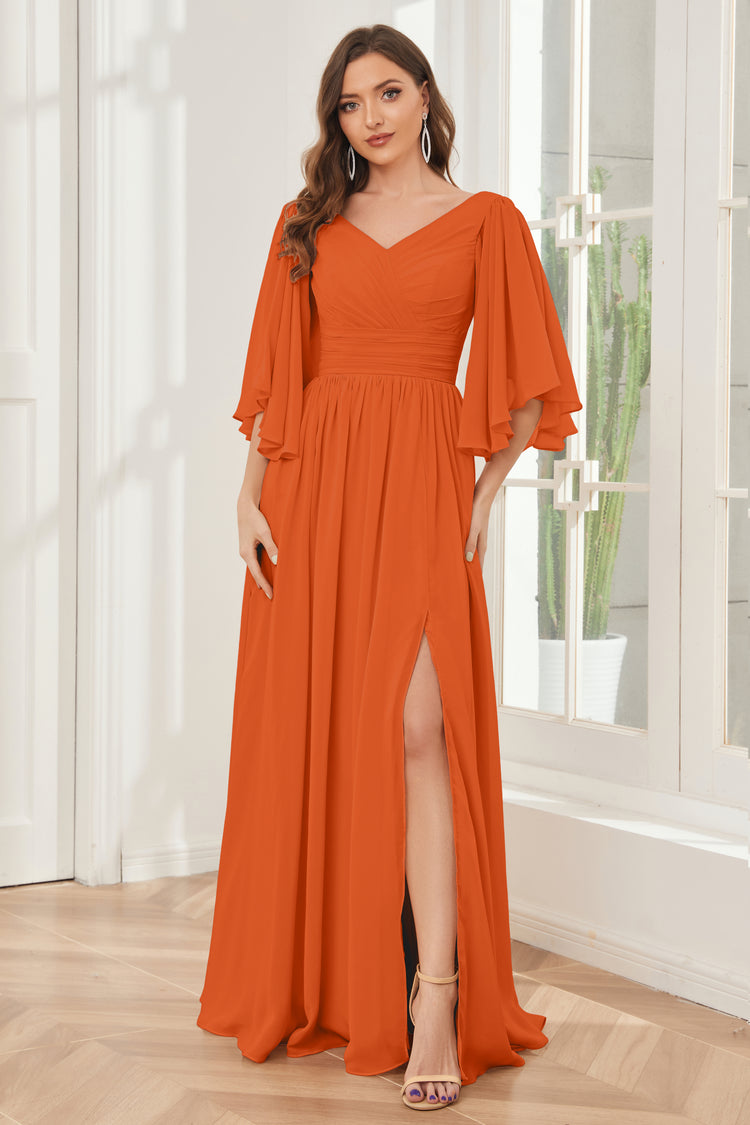 Off the Shoulder Straps Bodice Zip Back Bridesmaid Dresses with Slit