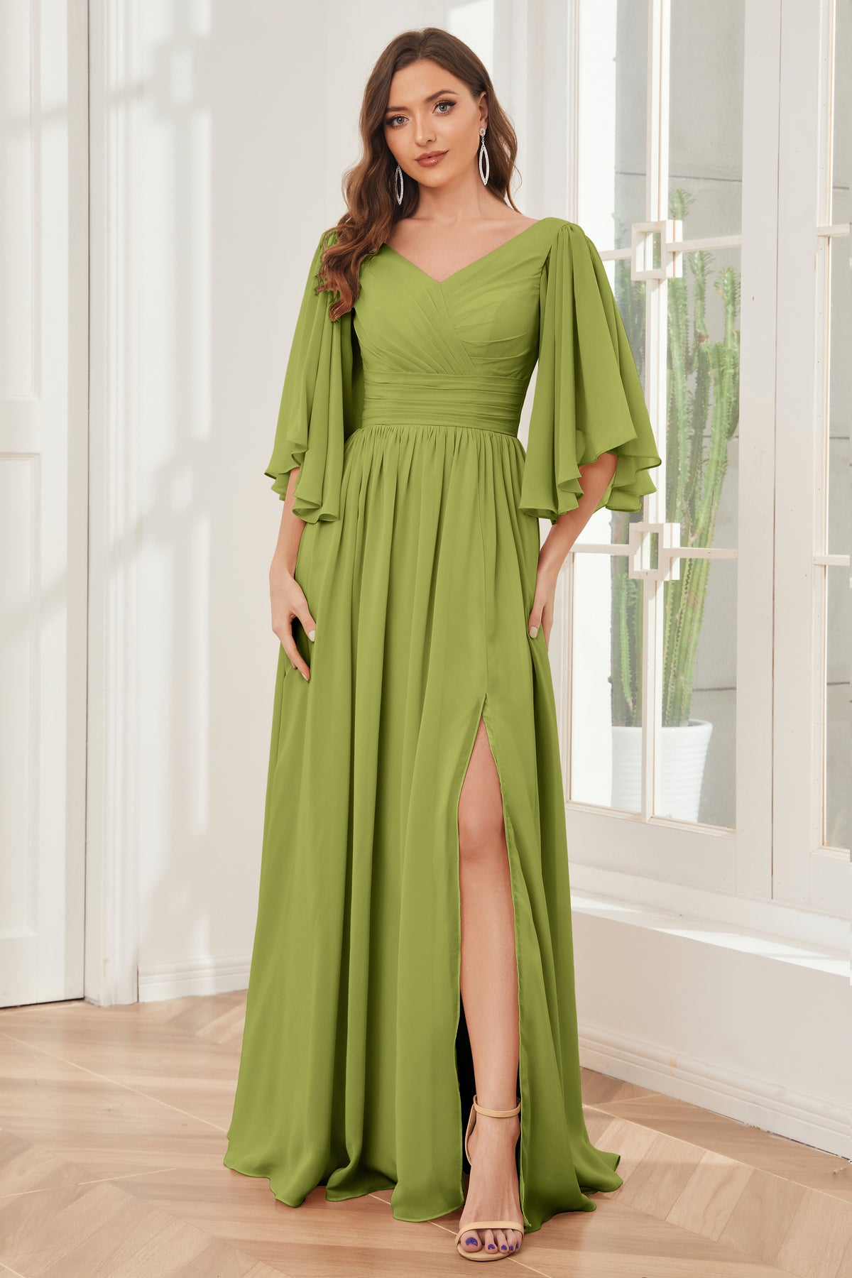 Floral Green Corset Mermaid Lace-Up Back Bridesmaid Dress with Slit