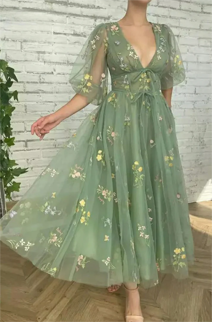A Line V Neck Prom Party Dress Chiffon Green Flora Evening Dress main image 1
