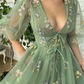 Flowy Green V-Neck Floral Lace Tea Length Prom Dress