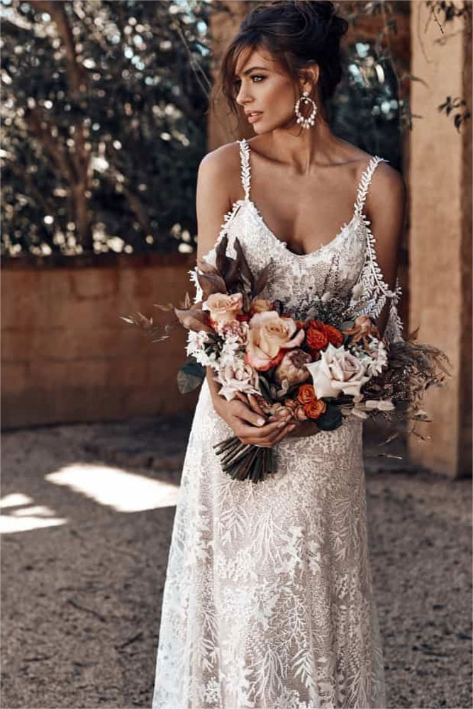 Ivory Scoop Neck Boho Simple Wedding Dress with Lace
