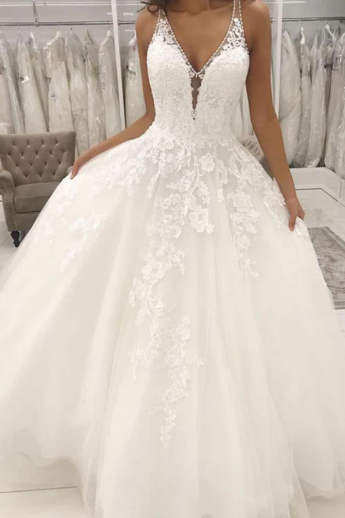 Lace Appliques A-line V-Neck Long White Wedding Dress with Buttons main image 0
