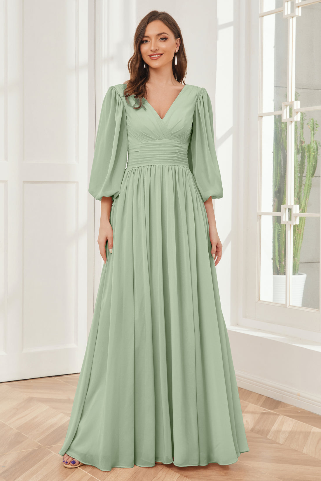 Chiffon Bridesmaid Gown with Slit and Cap Sleeves Dusty Sage Plus Size