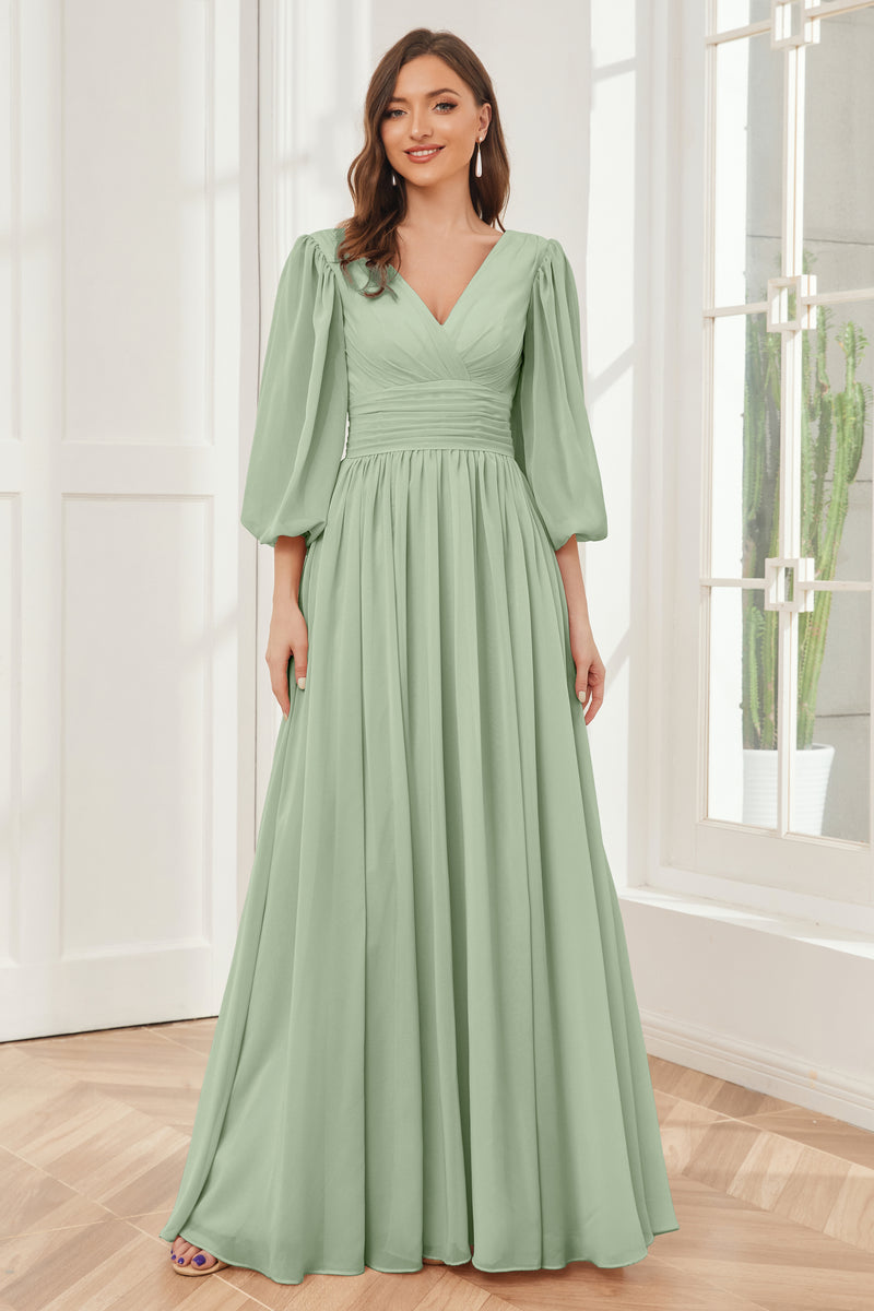 Chiffon V Neck Pleated Long Sleeves Bridesmaid Dresses