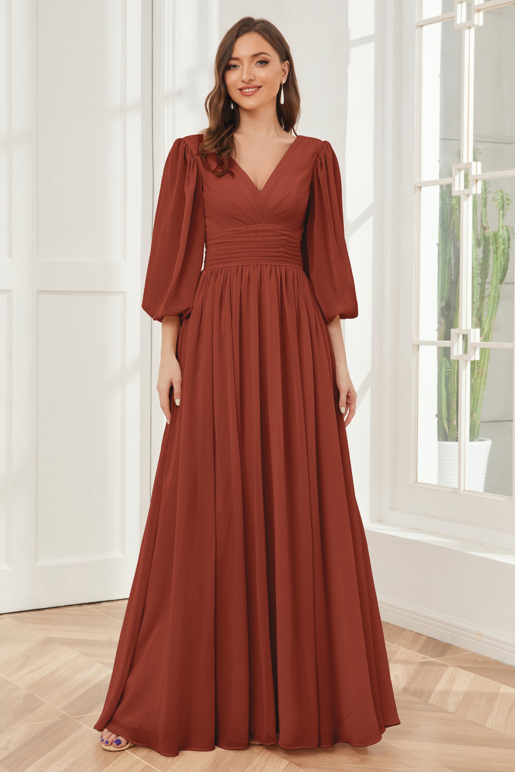Grecian Neck Long Junior Bridesmaid Dresses With Slit Rust