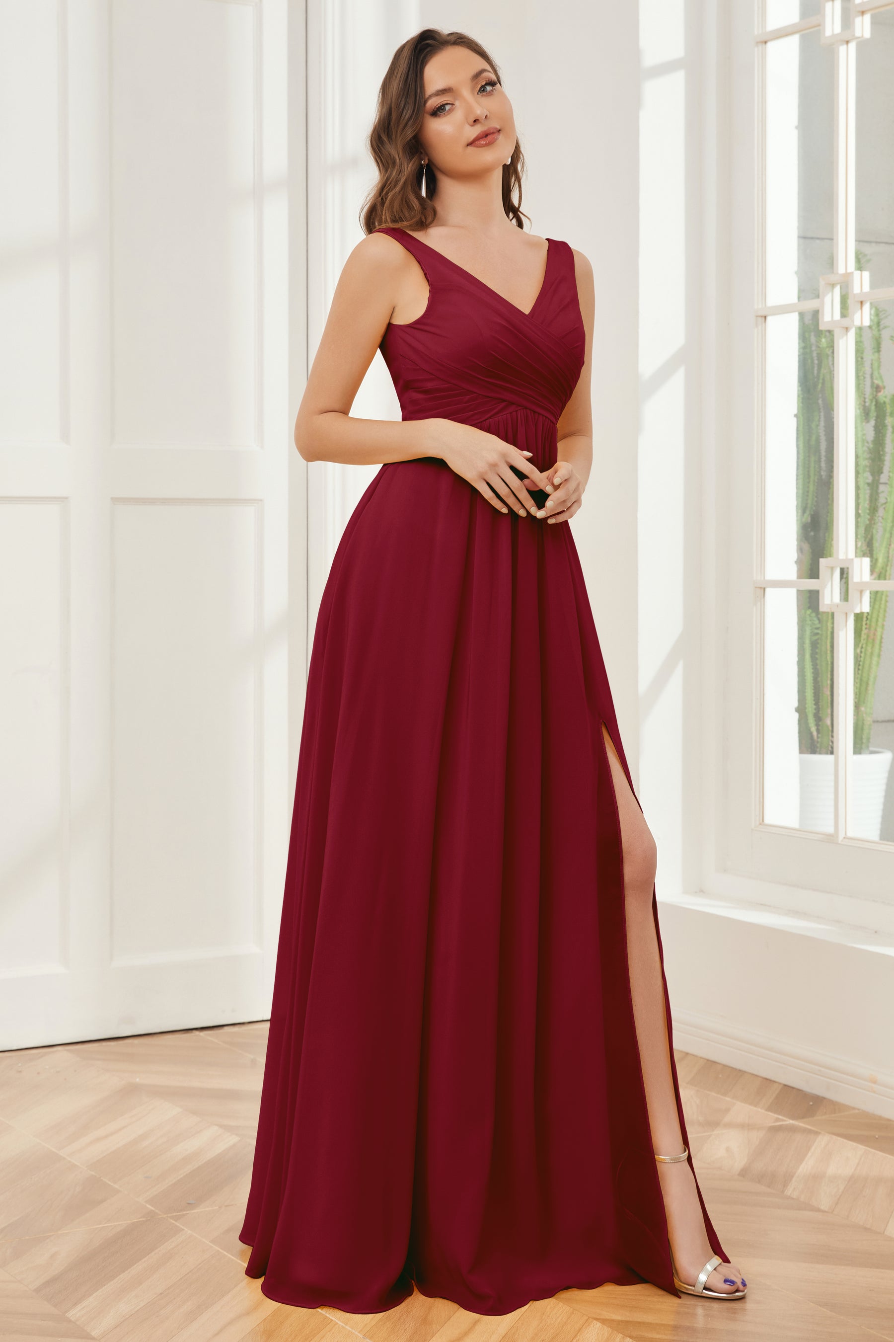 Pleated V-neck Chiffon Long Dress With Slit Coral