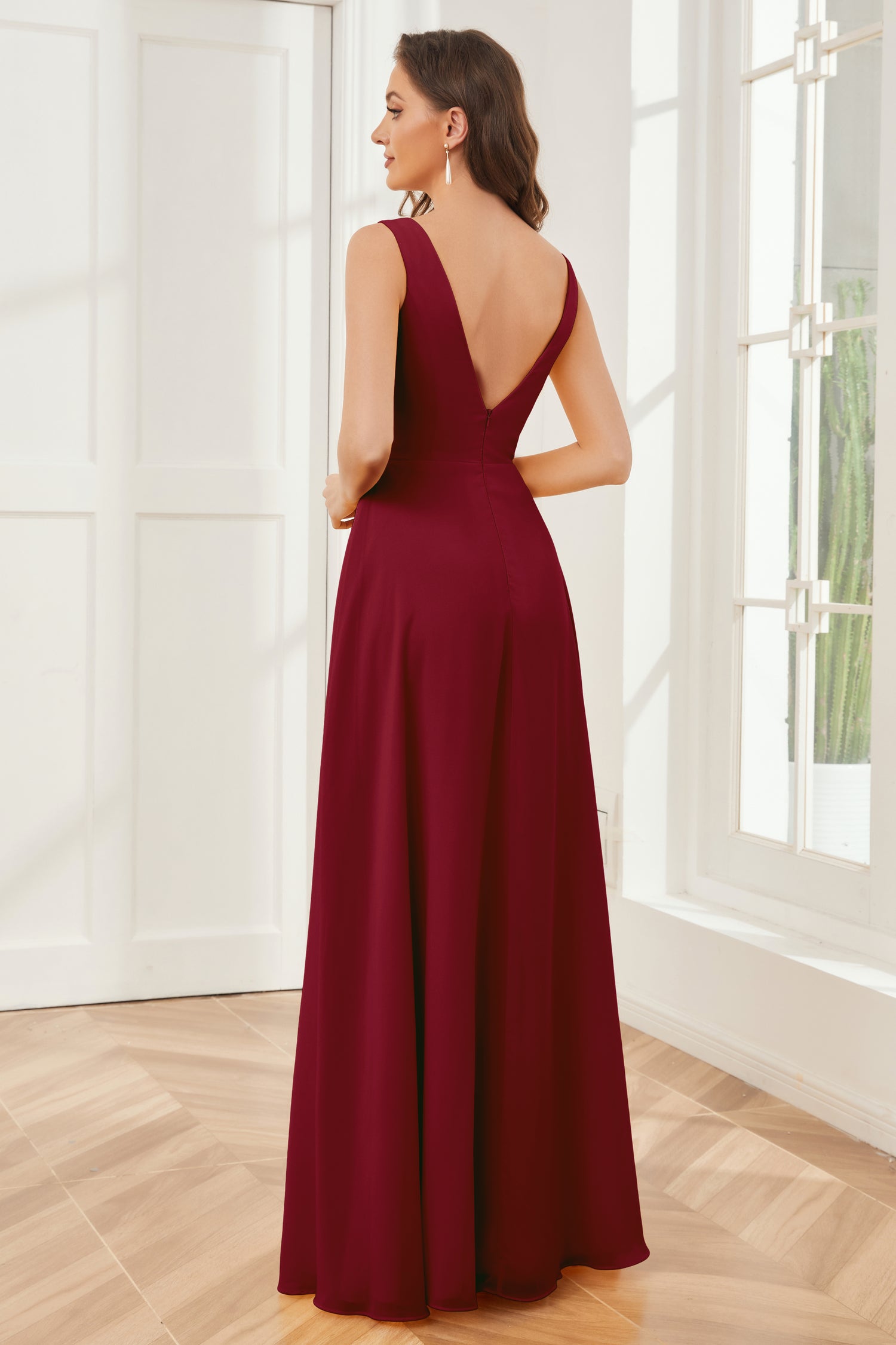 CASCADE SKIRT Long Chiffon Gowns with V Neck Blue