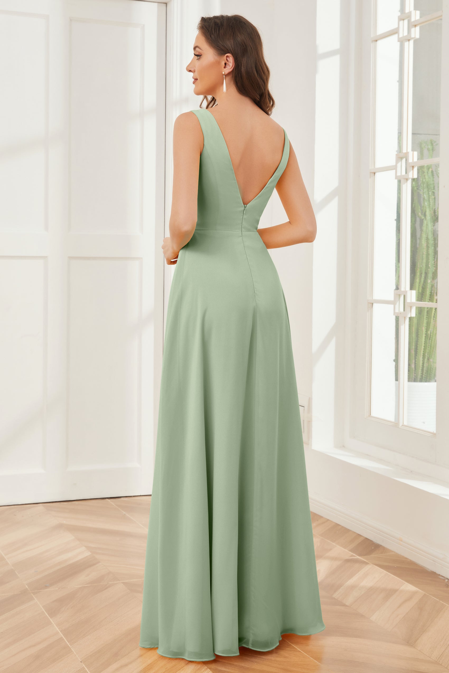 V Neck Desert Rose Sleeveless Chiffon Long Bridesmaid Dress