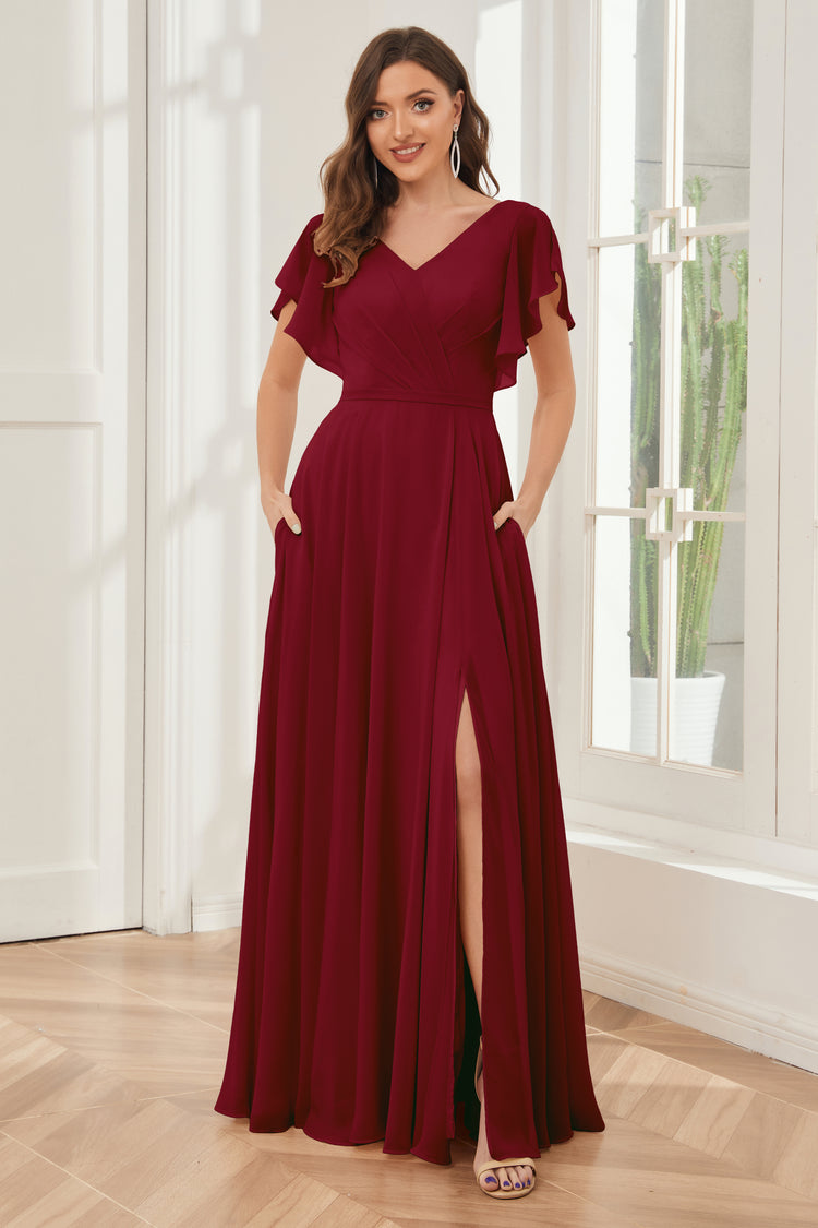 Mother Of The Bride Outfits Steel Grey A Line Chiffon V Neck Ruffle Sleeves Appliques Waist High Low Mother Of The Bride Dresses
