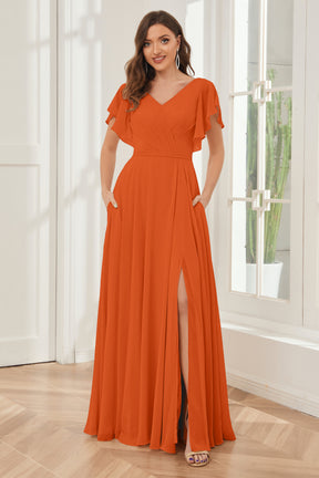Burnt Orange Mother Of The Bride Dresses Plus Size A Line Chiffon V Neck Ruffle Sleeves Appliques Waist High Low Mother Of The Bride Dresses
