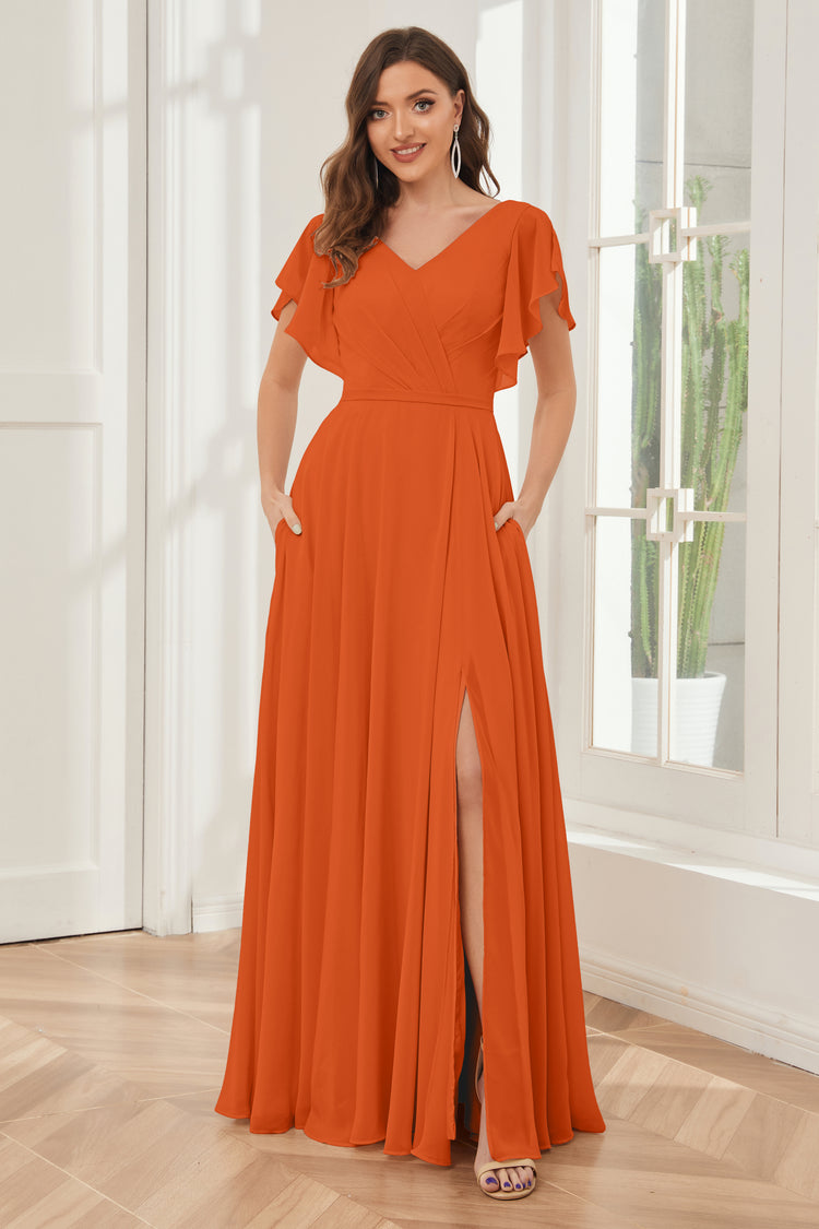 Short Chiffon V Neckline Bridesmaid Gowns Orange