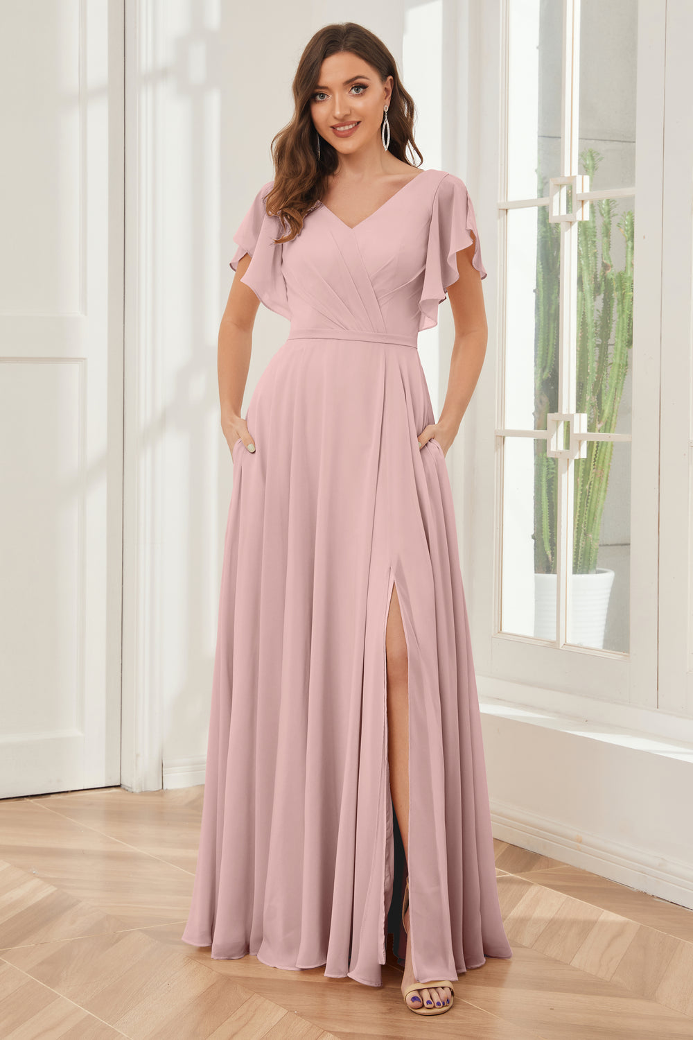 Flutter Sleeve V-Neck Chiffon A-Line Bridesmaid Dress in Wild Rose main image 0