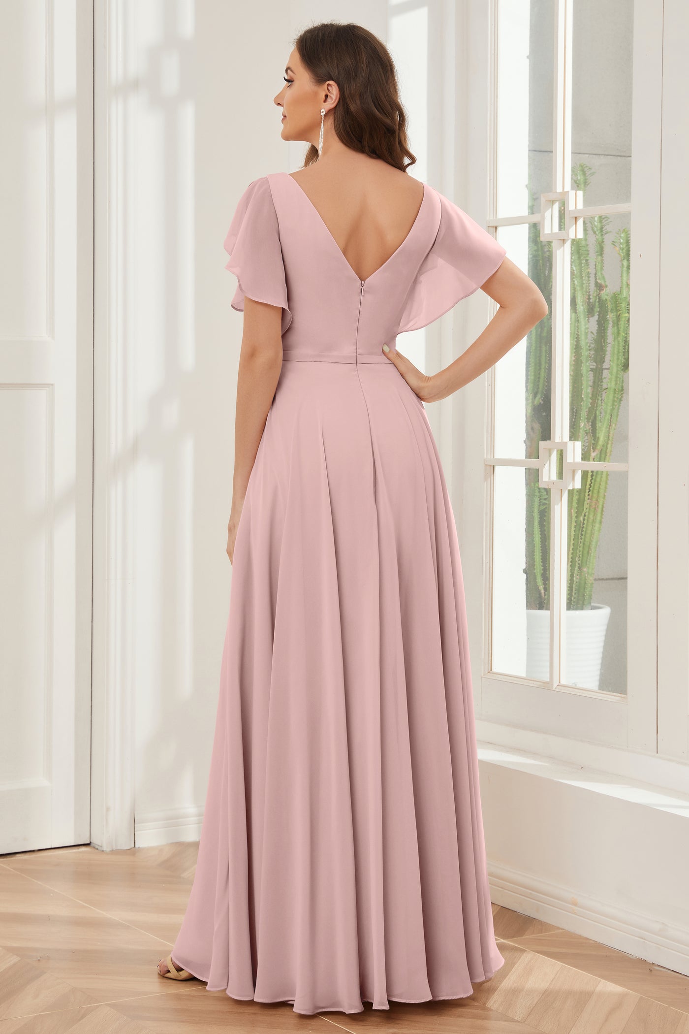 V-Neck Ruffled Sleeve A-Line Chiffon Bridesmaid Dress in Pale Blush