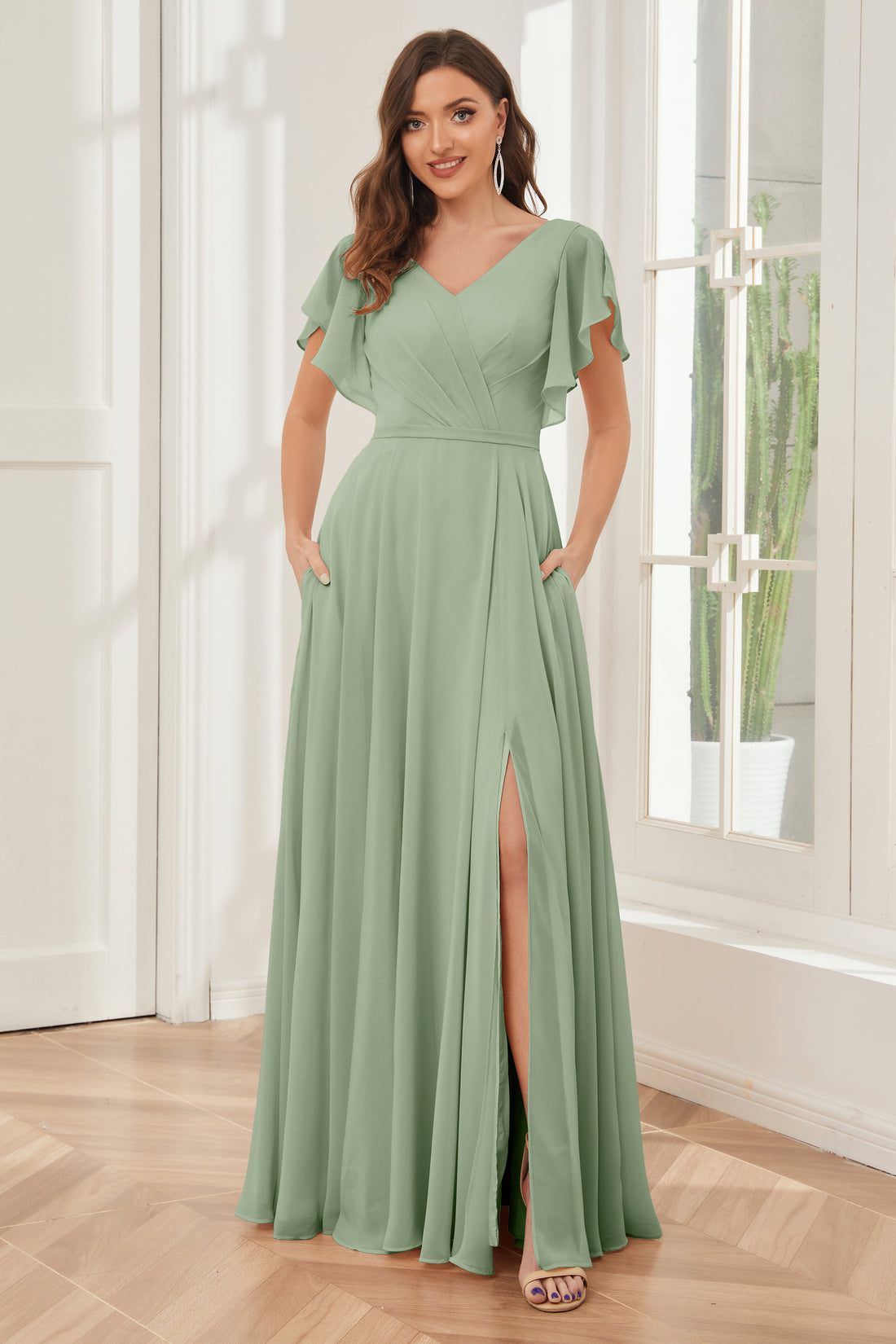 Mother Of The Bride Dresses Gold Chiffon A Line Chiffon V Neck Ruffle Sleeves Appliques Waist High Low Mother Of The Bride Dresses
