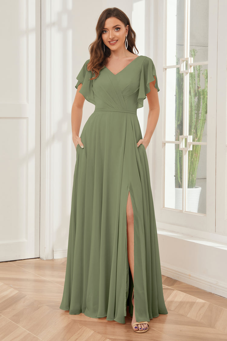 Ruffled V-Neck A-Line Chiffon Bridesmaid Dress in Moss main image 0