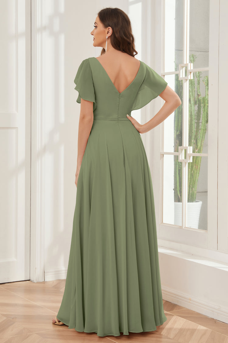 Sweet & Flowy Dusty Sage Chiffon A-Line V-Neck V-Back Ankle-Length Bridesmaid Dress main image 0