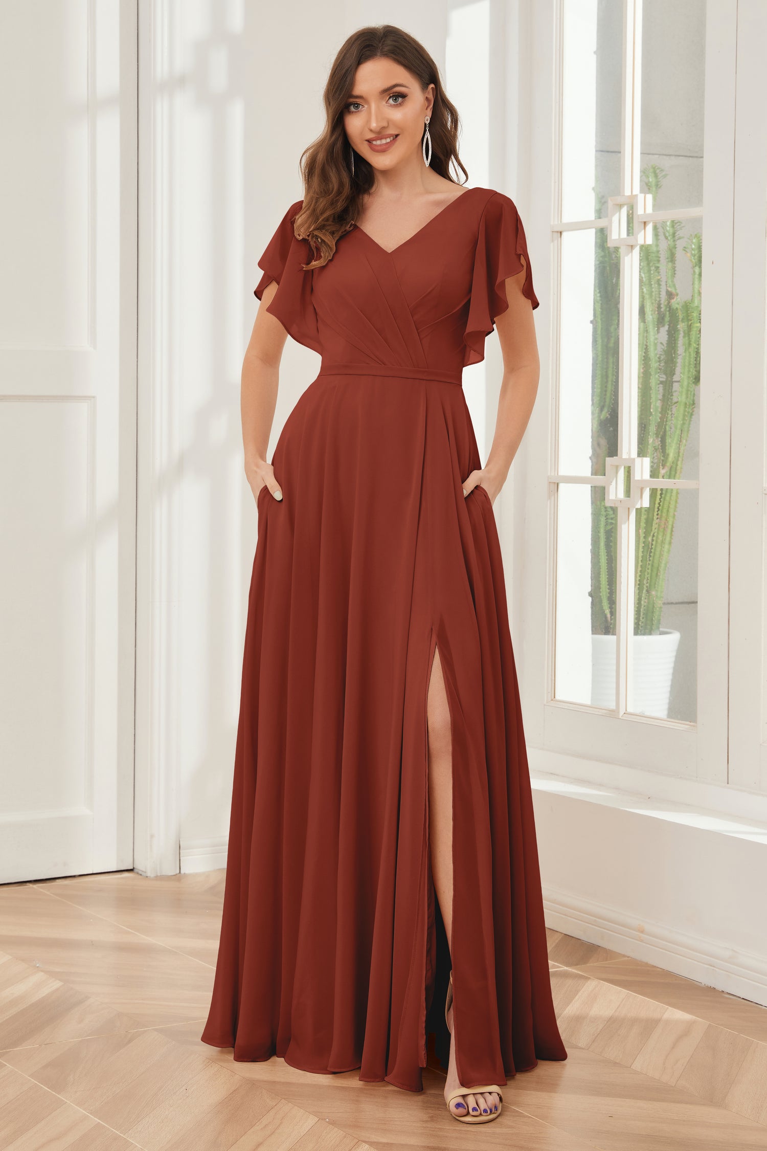 Mother Of The Bride Dresses Sky Blue Elegant V Neck Ruffle Sleeves Back Zip Knee Length Mother Of The Bride Dresses