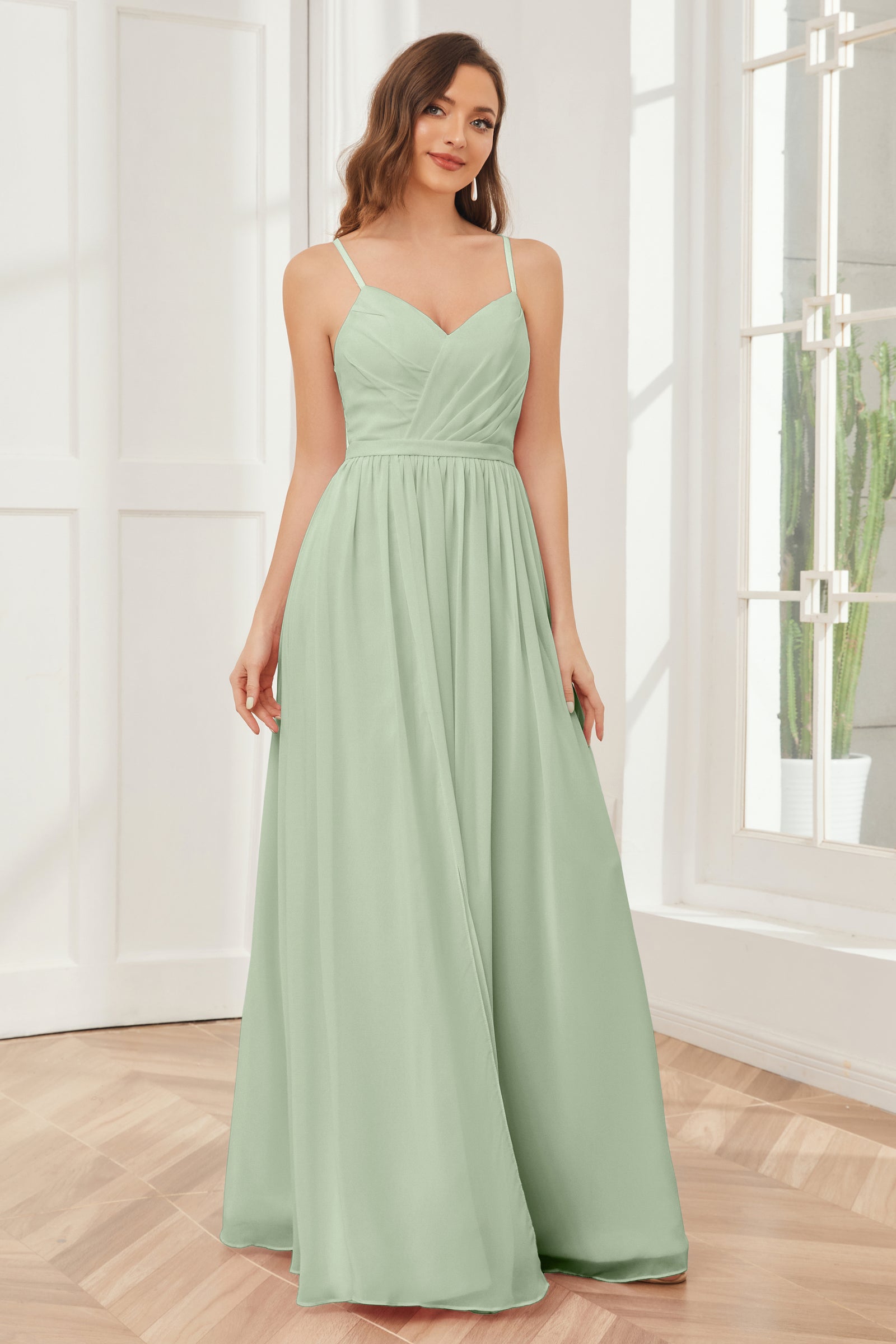 Chic A Line Spaghetti Straps Chiffon Lace Without Sleeves Long Prom Dress, Evening Dress