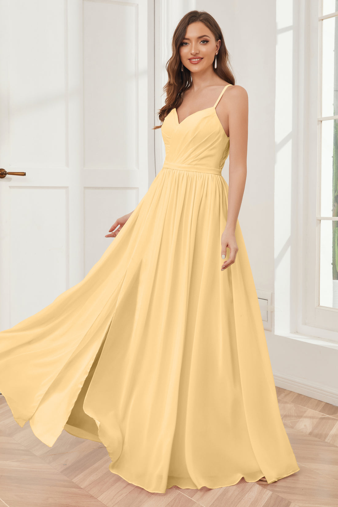 A-Line Spaghetti Straps Chiffon Bridesmaid Dress in Almond