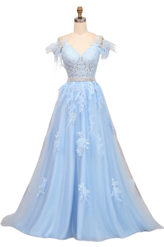 Charming Off The Shoulder Blue Lace Appliques Long Prom Dress