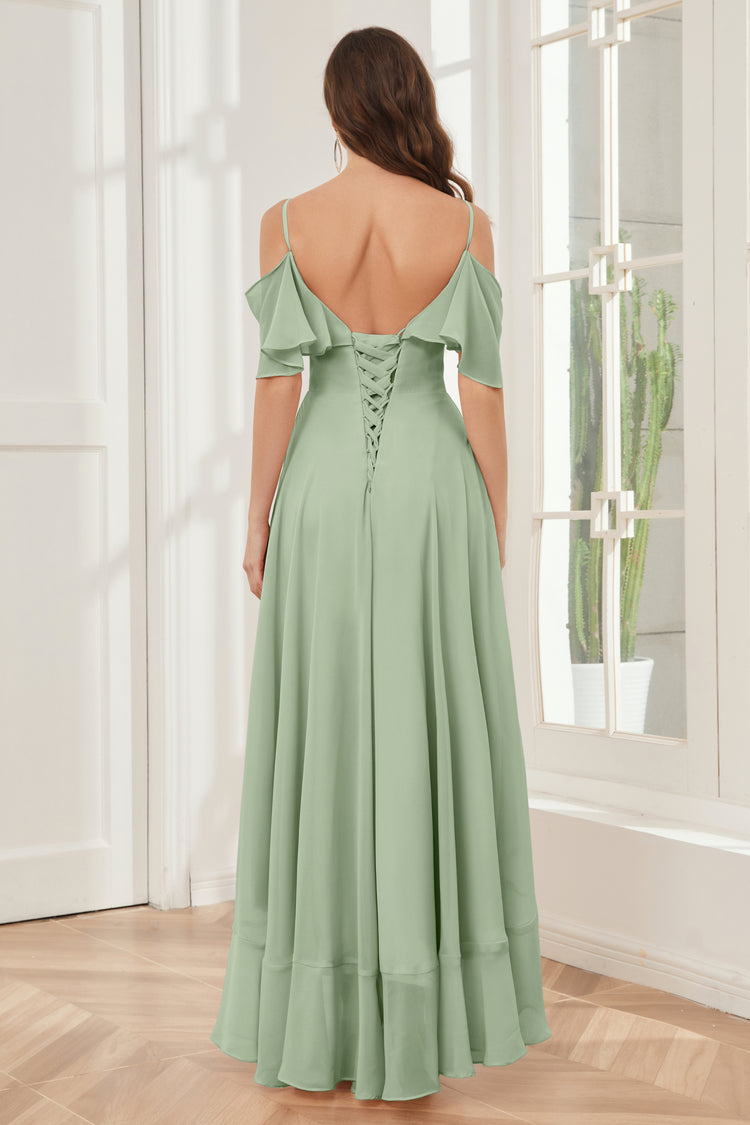Denim Frilled Bardot Retract Your Waist High Low Bridesmaids Dress