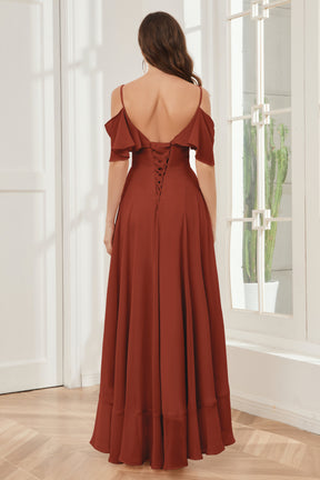 Off Shoulder Ruffles Chiffon Bridesmaid Dress Rust