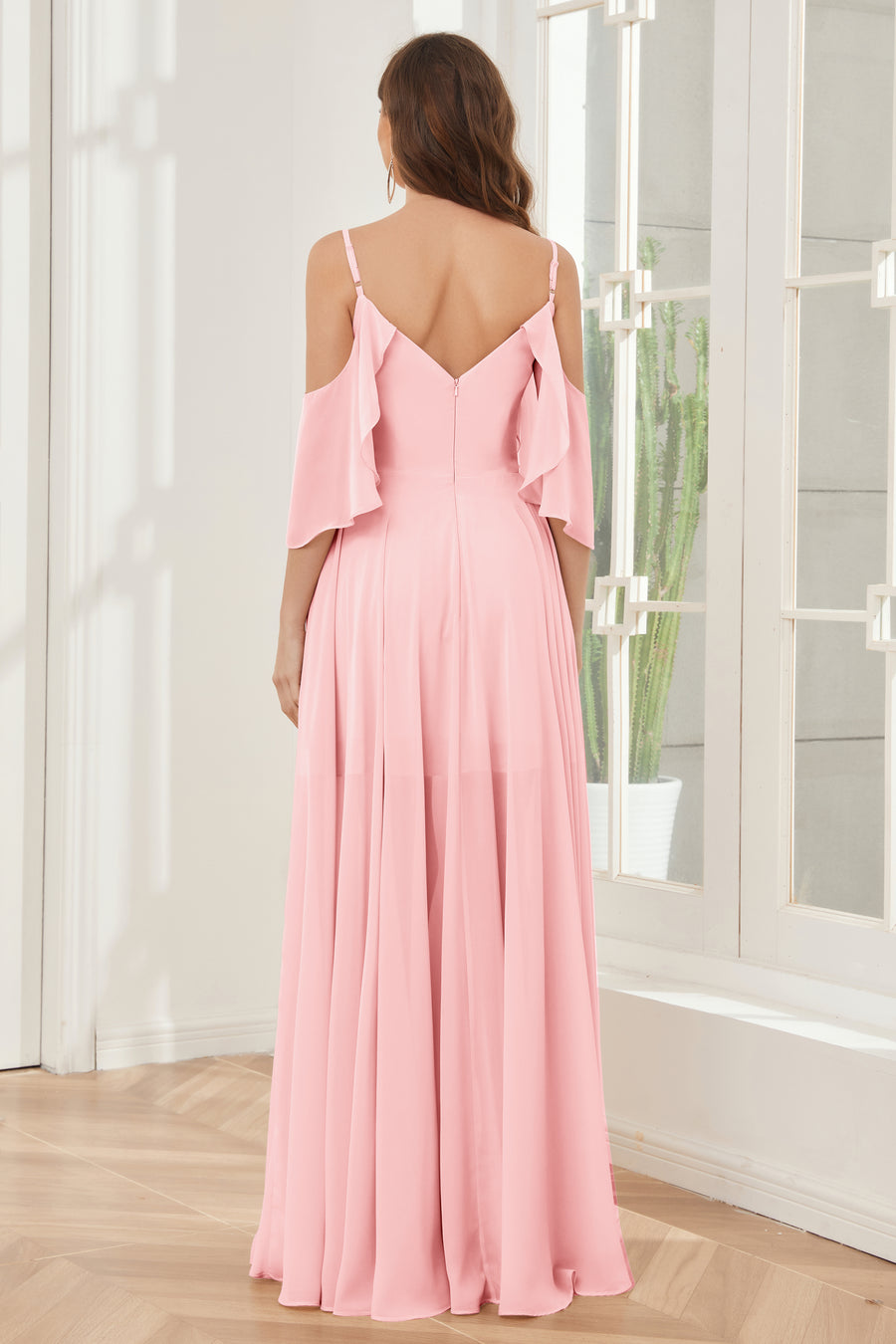Off Shoulder Ruffles Chiffon Bridesmaid Dress Dusty Rose