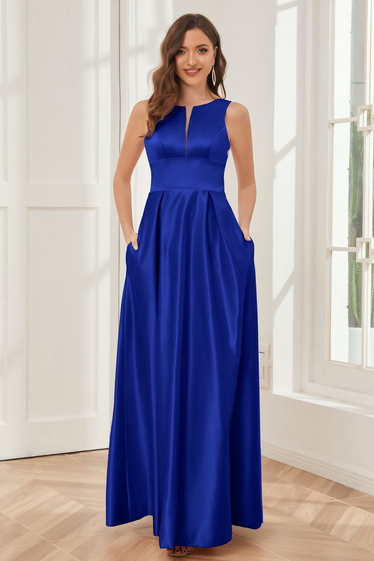 Aline Sleeveless Satin Long Bridesmaid Dresses with Pockets