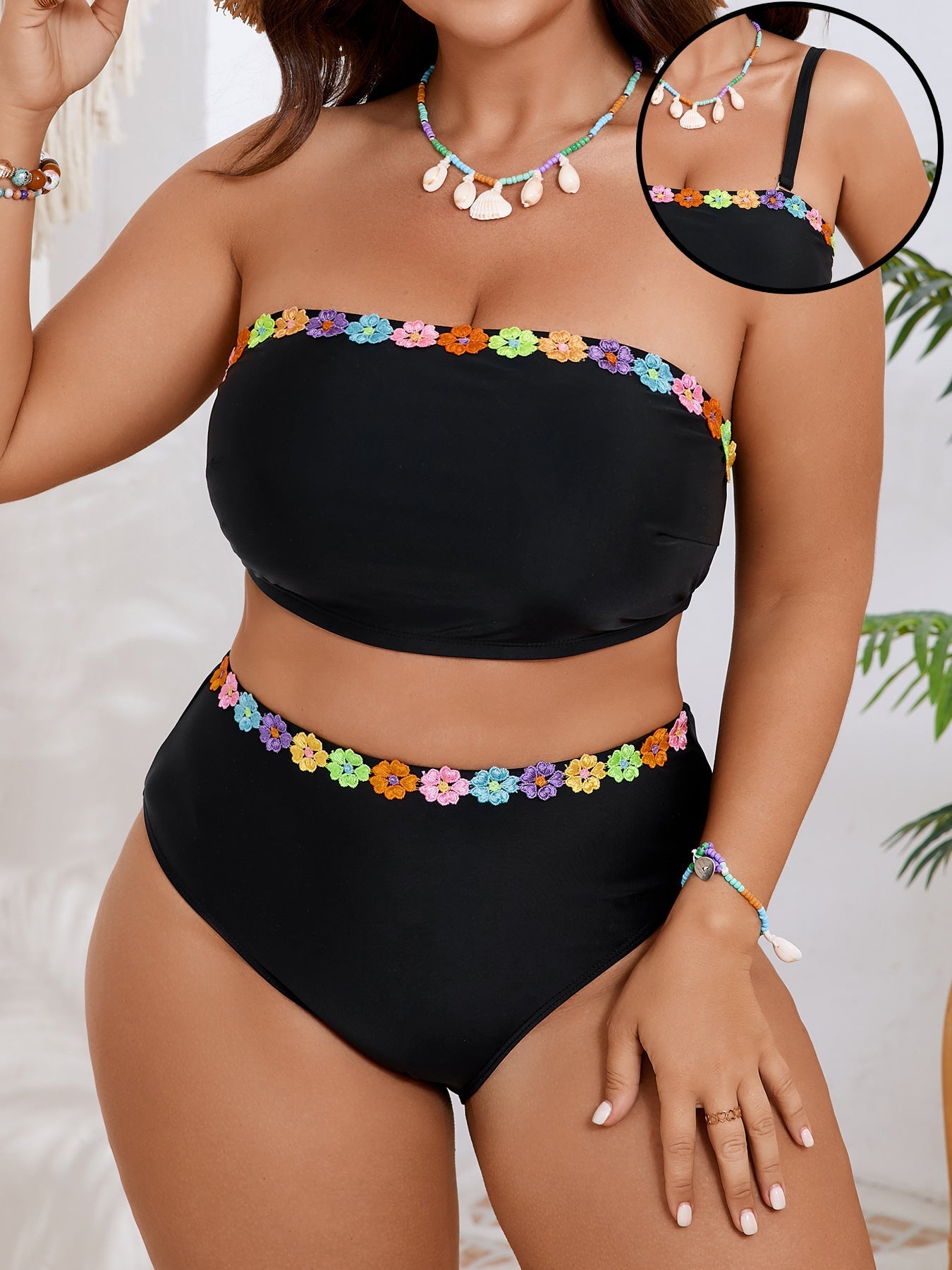 Floral Trim Bandeau Plus Size Bikini Set - main-04