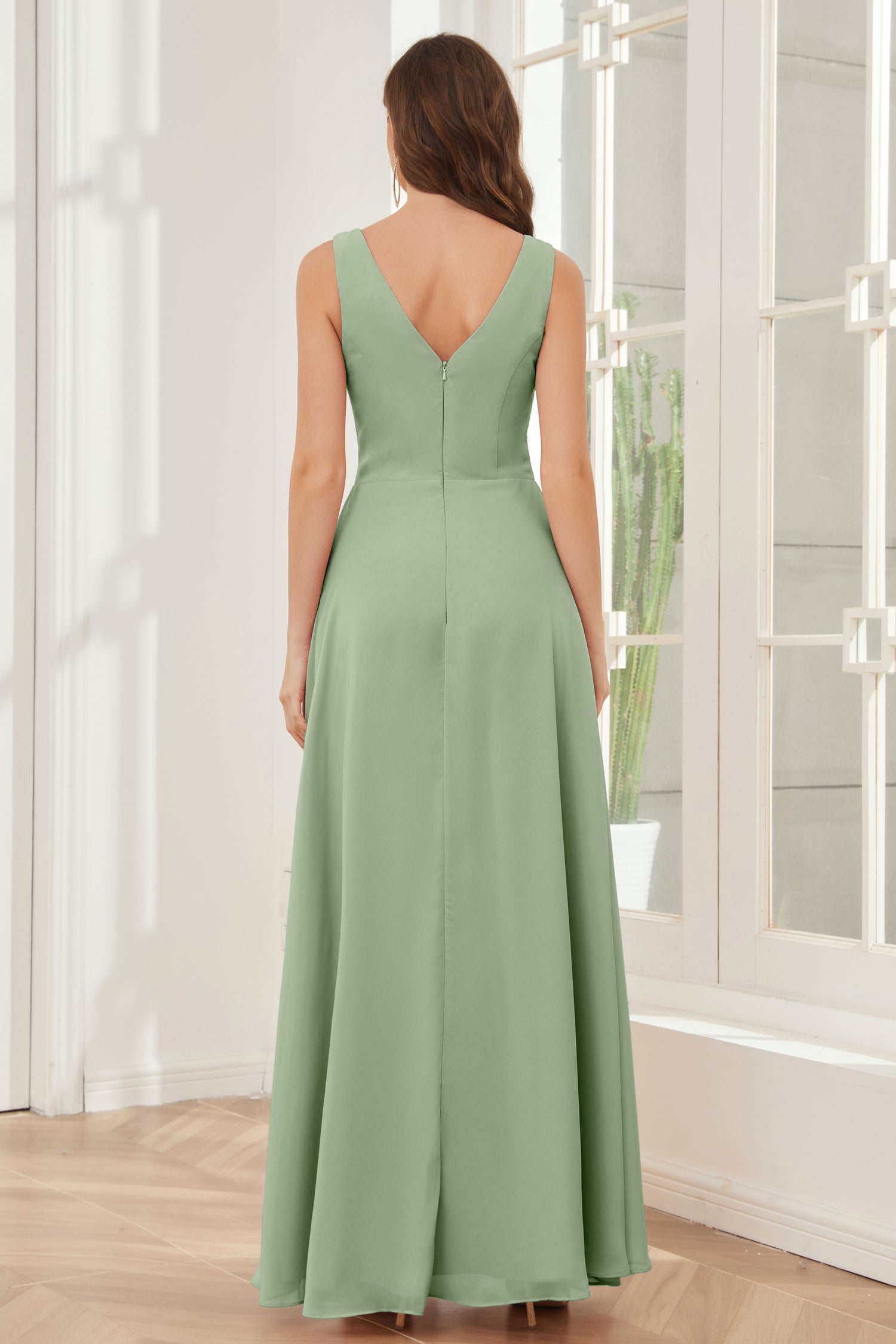 Navy V-Neck Chiffon Bridesmaid Dress with Ruffles main image 1